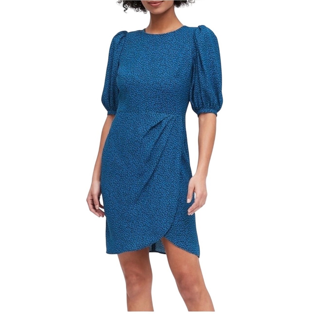 Banana Republic Faux Wrap Dress 6 Blue Puff Sleeve Tulip Hem Graduation Modest